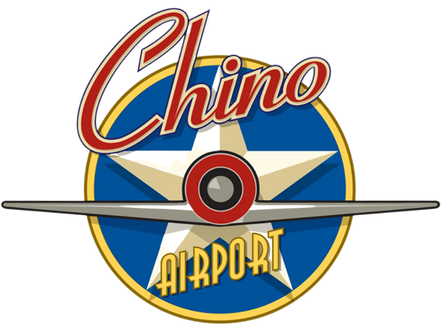 Chino Airport logo with star and plane wings with Chino on the top and airport on the bottom.