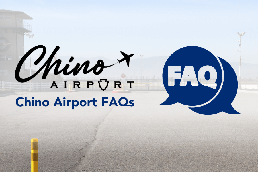 New Chino Airport logo upper left with words in cursive black with an airplane icon flying to the right up with the words airport underneat with san bernardino county arrowhead used as the "o" in the word. To the right is a word bubble with FAQ and in the background is a faded photo of Chino Airport Gate 3.