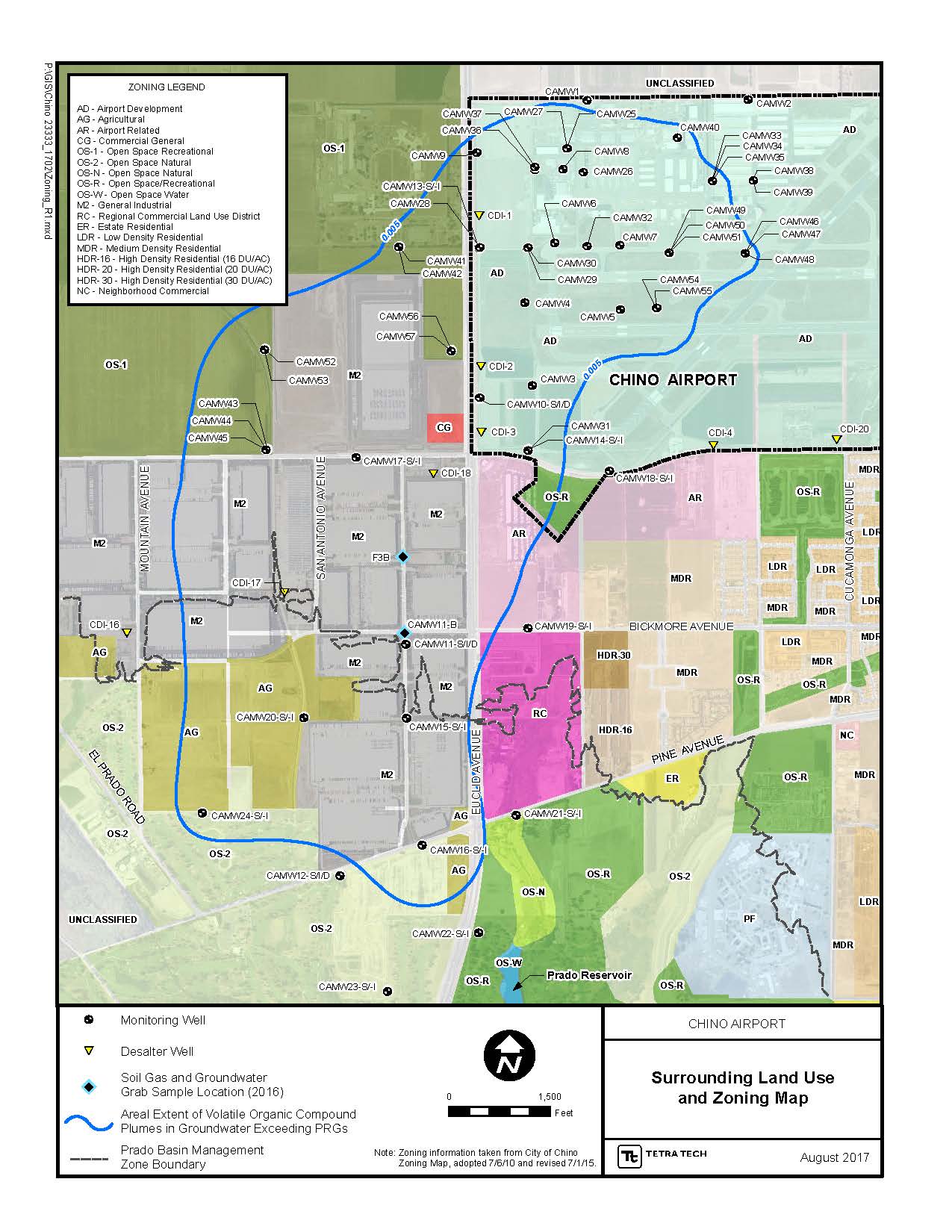 A color map that is sectioned into quadrants with Chino Airport in the top right and the surrounding communities with a outline defining the boundary of the water table.