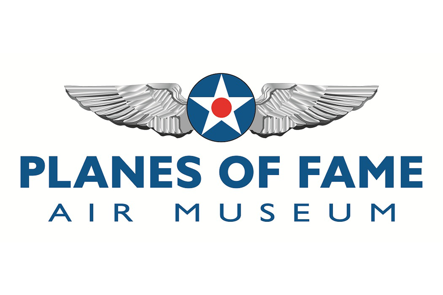 Planes of Fame Museum logo. Wings with a circle and star in the middle with the name of the museum underneath.
