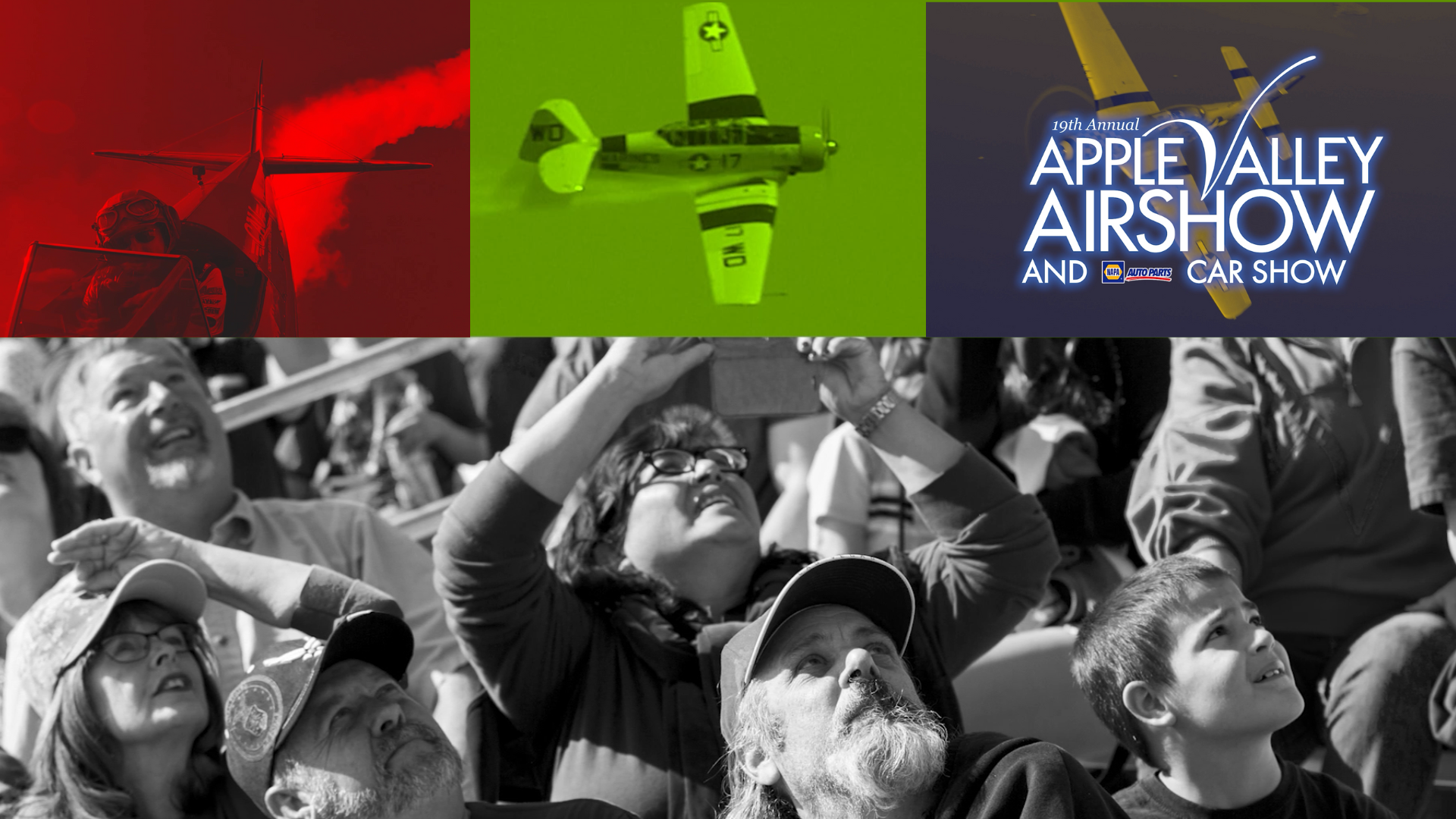 Photos of an airplane on the top left and middle with the Apple Valley Airshow logo on the top right. The bottom half is of a crowd of people looking up into the sky.