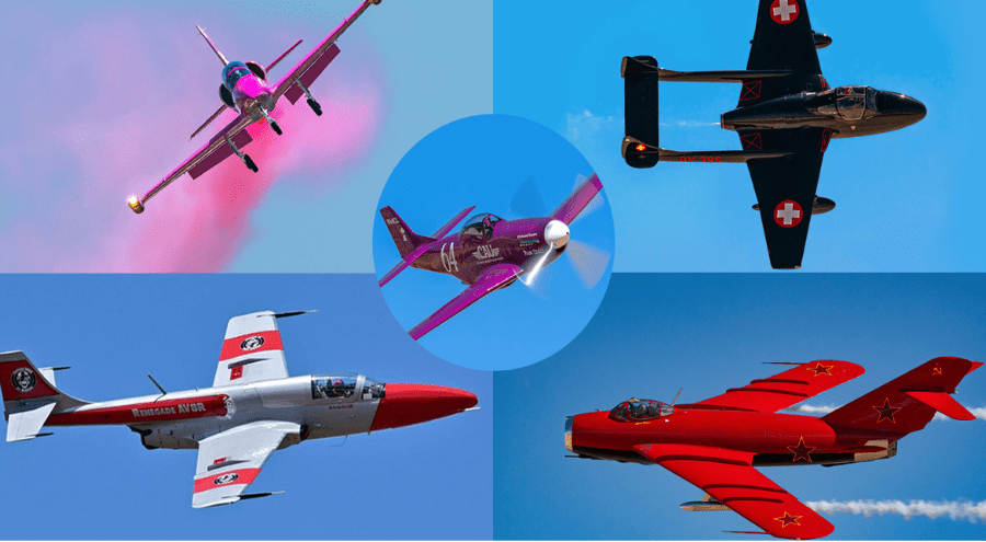 Five individual shots of vintage planes taking the skies during a past Apple Valley Airshow at the Apple Valley Airport.